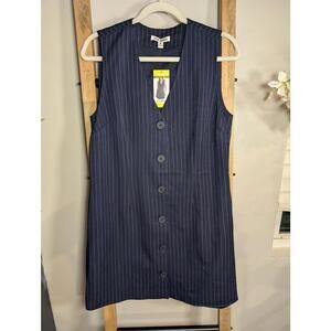 Steven Madden Navy Pinstripe Button Front Sleeveless Dress Medium NWT